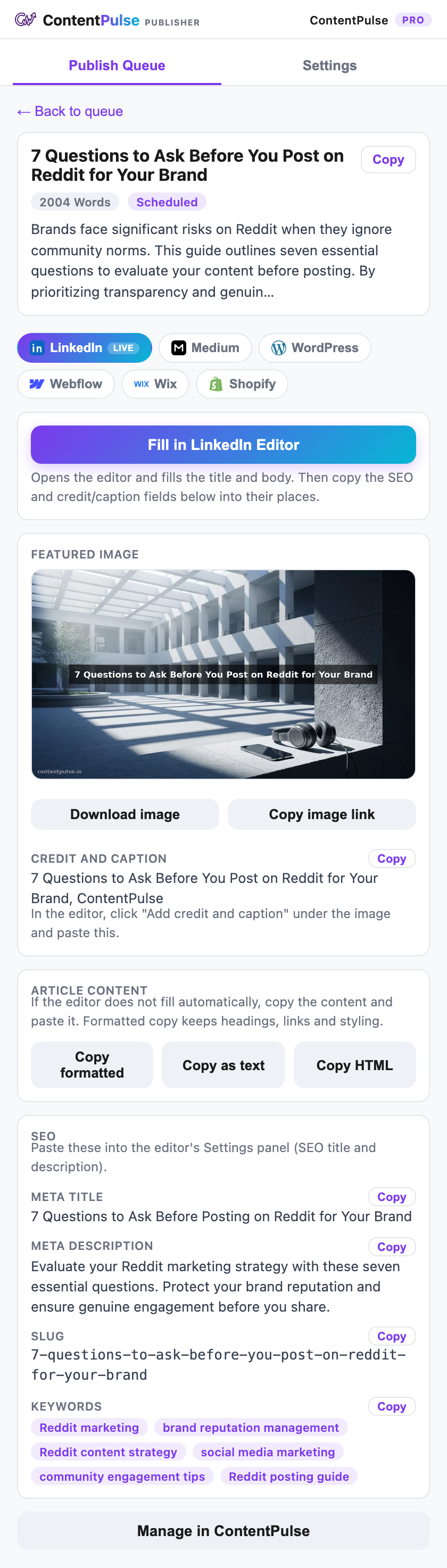 Article detail view with title, body, SEO metadata and featured image