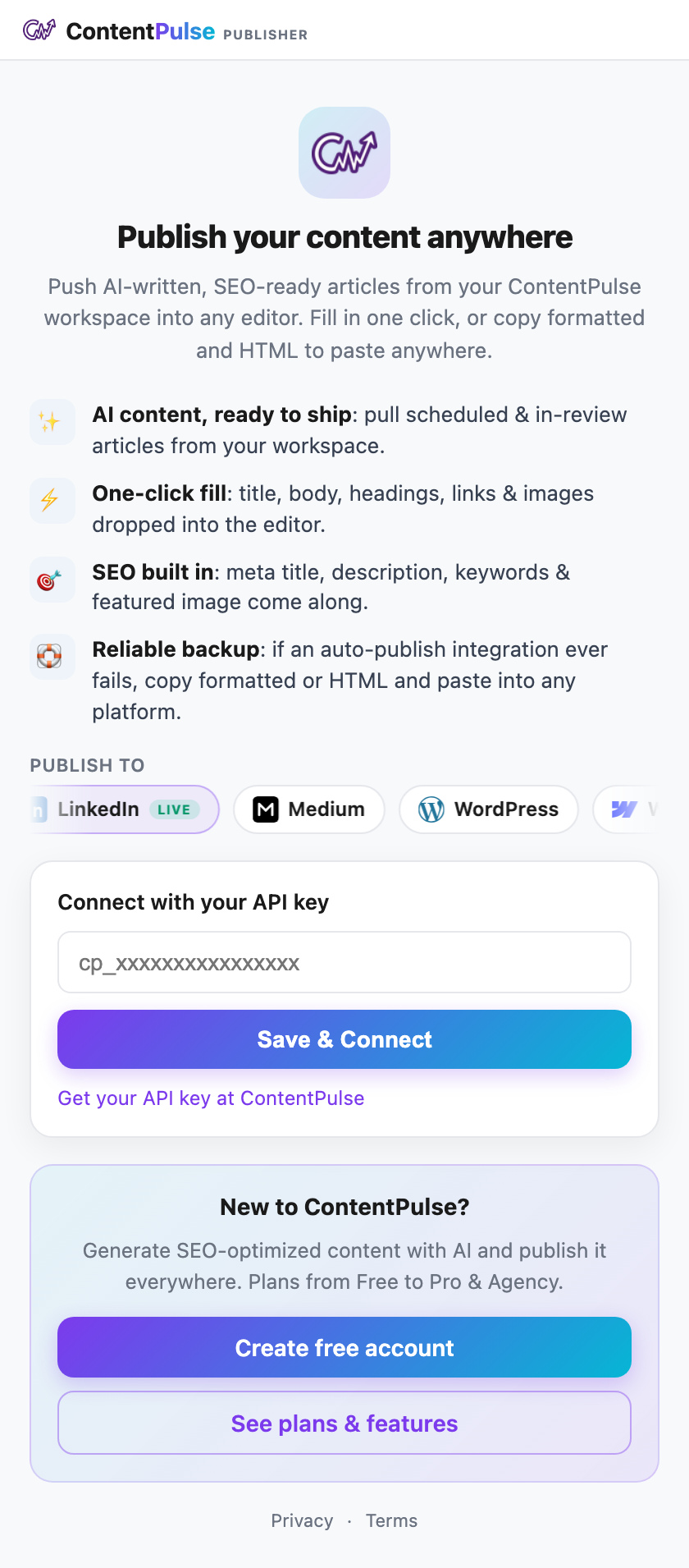 ContentPulse Publisher onboarding and sign-in screen