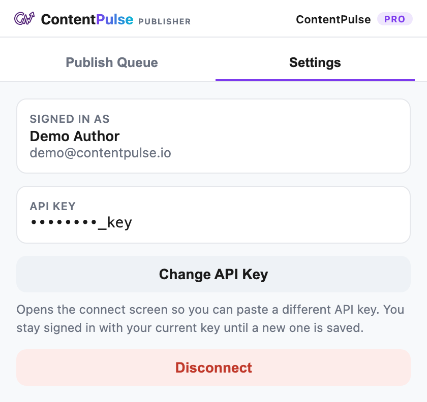 Extension settings tab for connection and publishing preferences