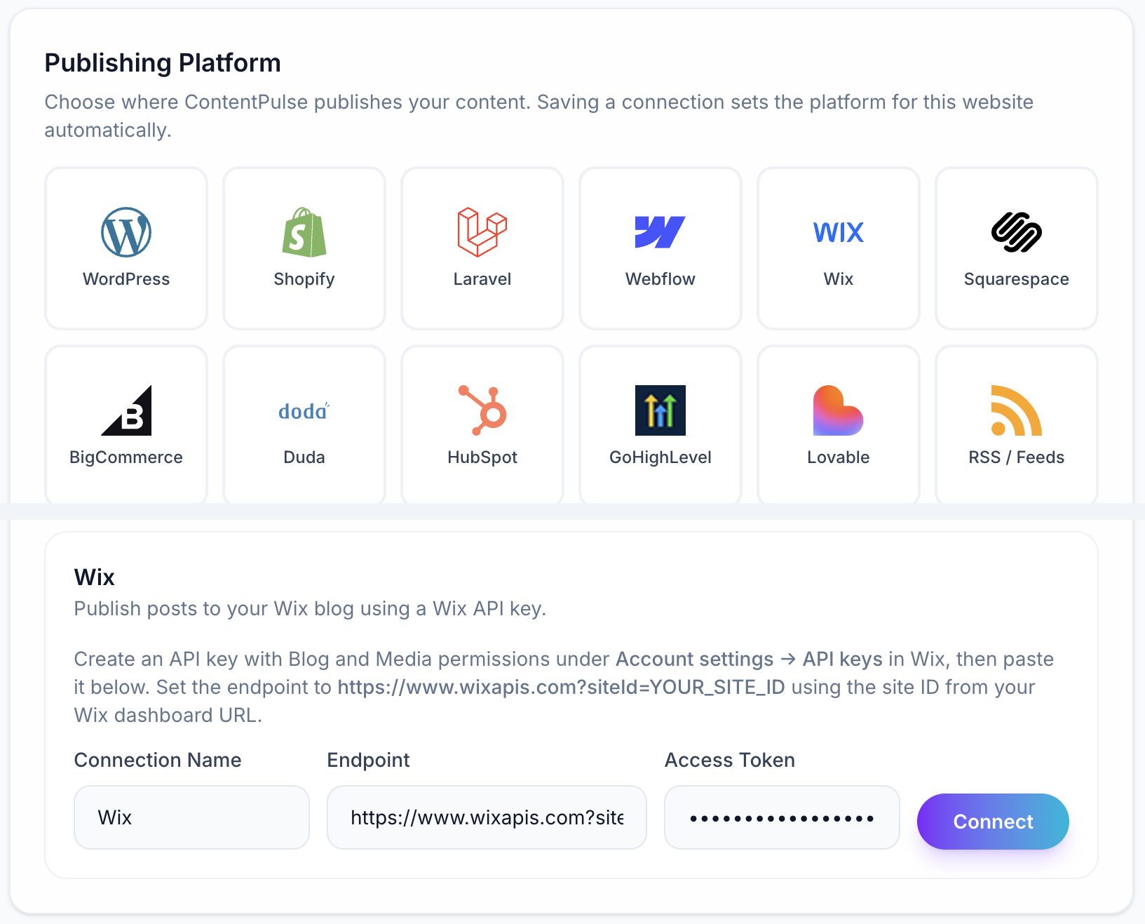Selecting the Wix tile and entering the endpoint and API key in ContentPulse