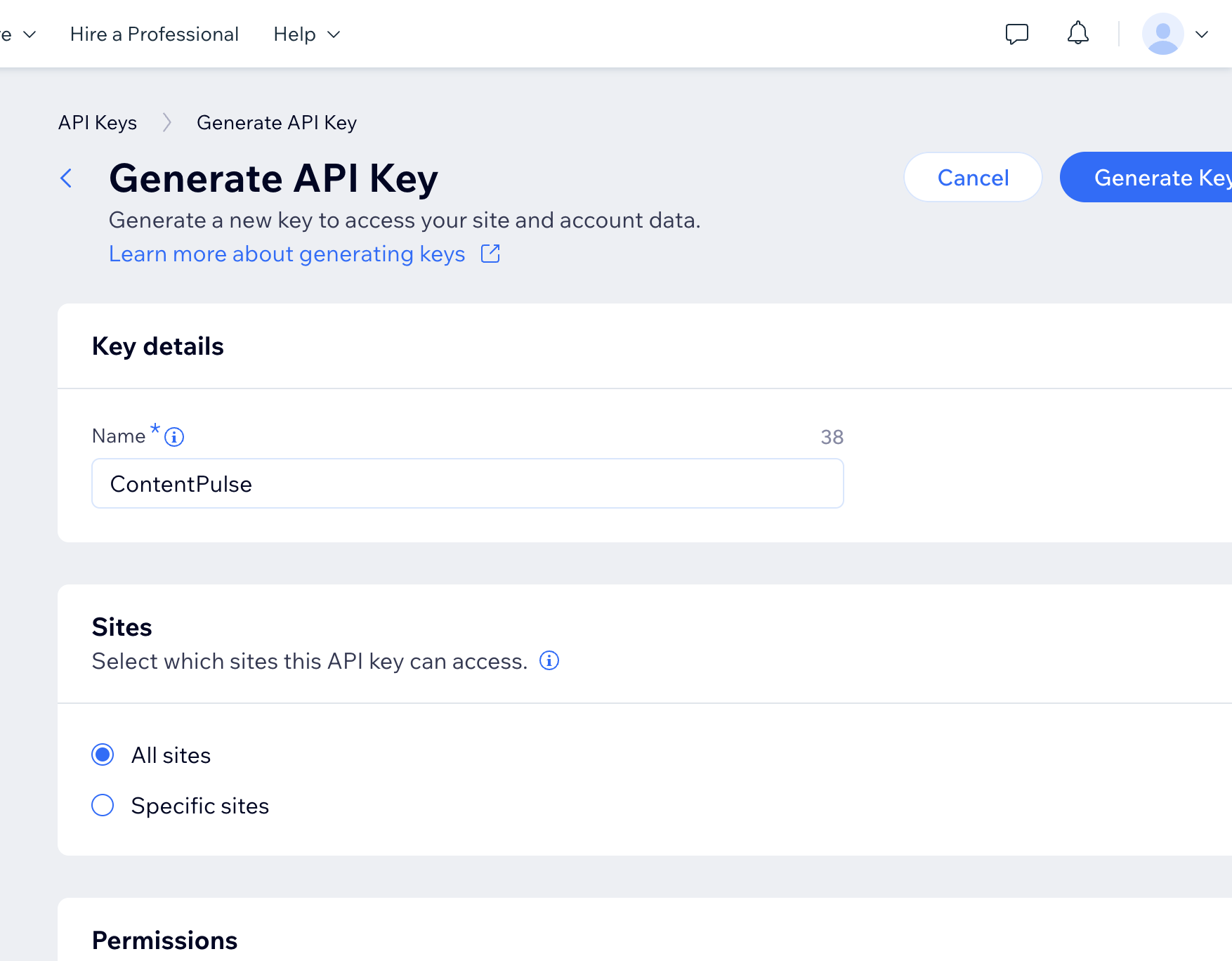 Generating an API key in the Wix account settings