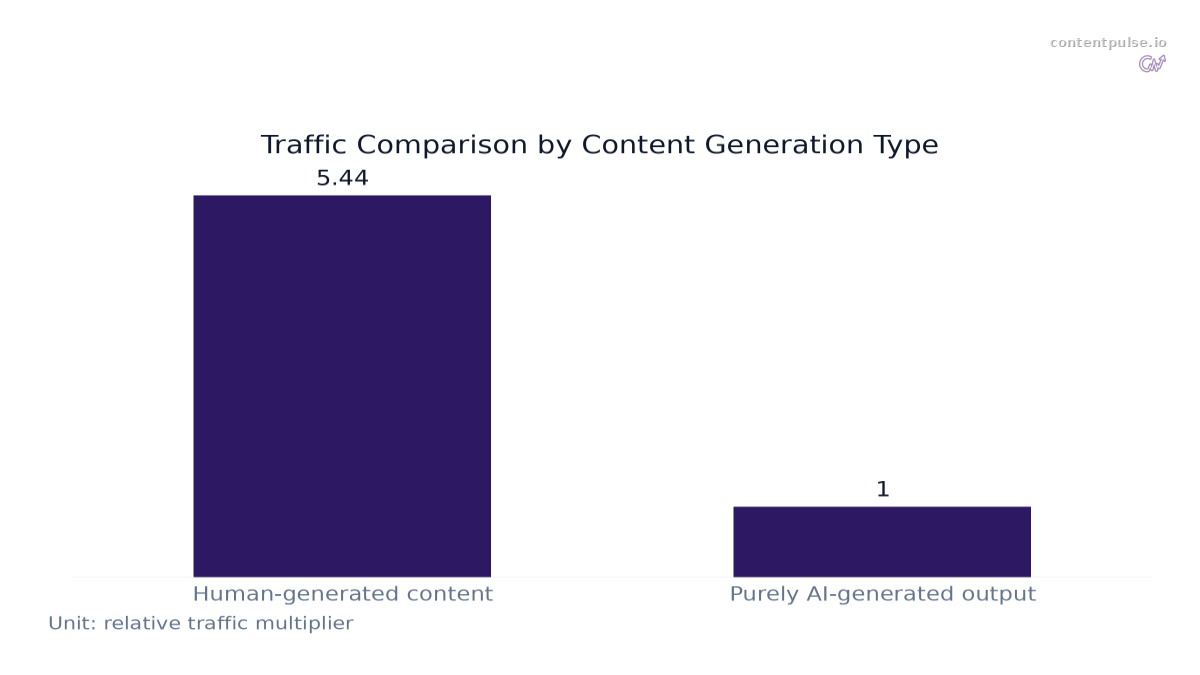 Bar chart comparing Traffic Comparison by Content Generation Type: Values: Human-generated content: 5.44; Purely AI-generated output: 1.