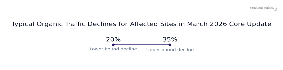 Range chart comparing Typical Organic Traffic Declines for Affected Sites in March 2026 Core Update: Values: 20% to 35%.