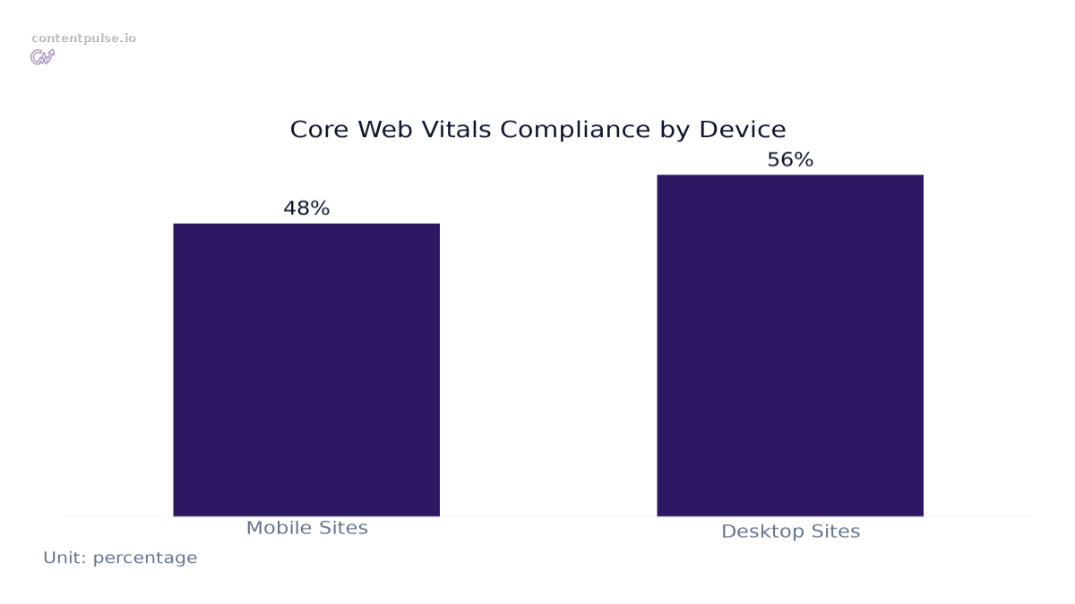 Bar chart comparing Core Web Vitals Compliance by Device: Values: Mobile Sites: 48%; Desktop Sites: 56%.
