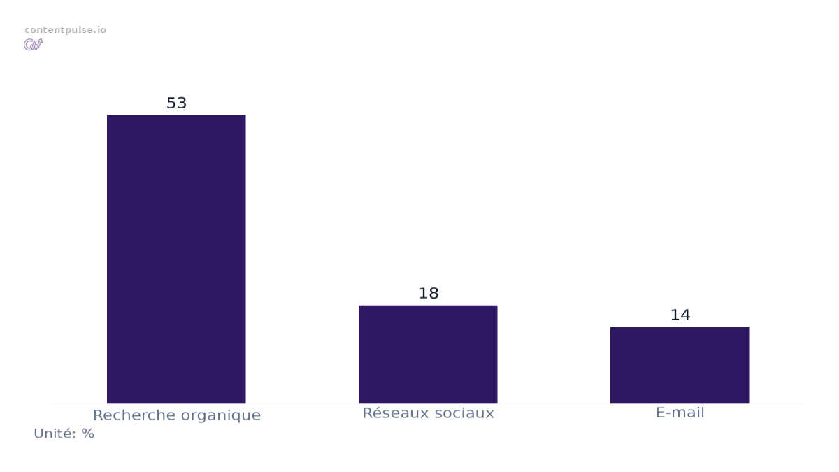 Graphique à barres comparant Part du trafic par canal : Valeurs : Recherche organique: 53; Réseaux sociaux: 18; E-mail: 14.