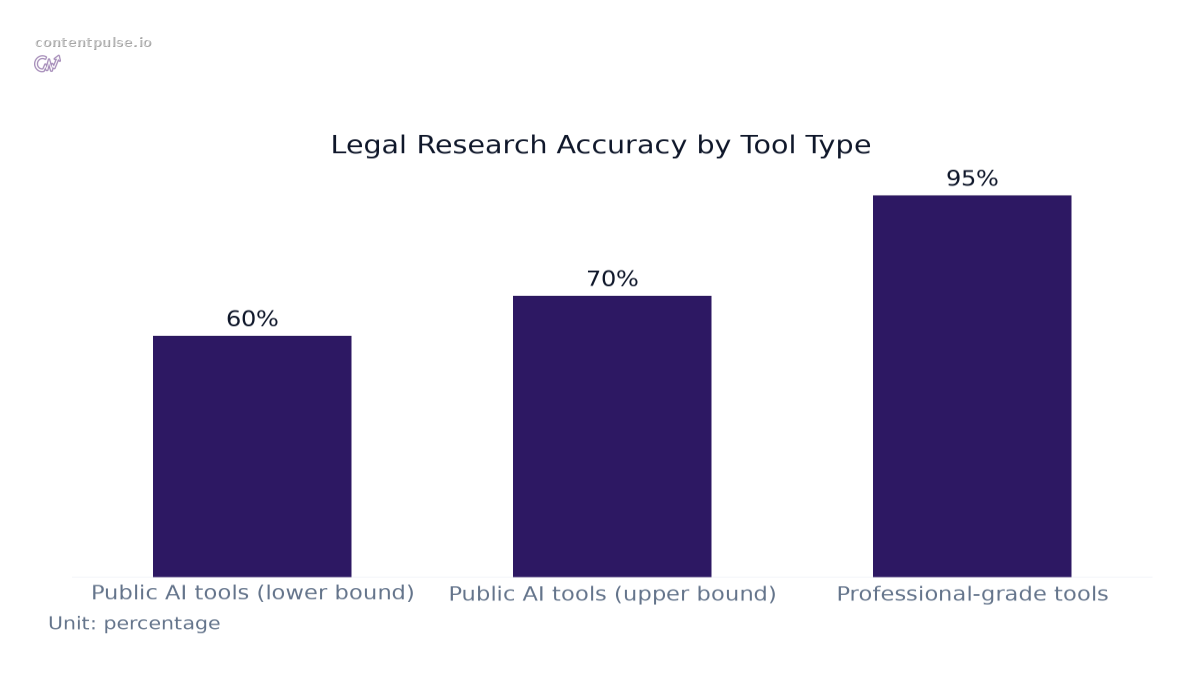 Bar chart comparing Legal Research Accuracy by Tool Type: Values: Public AI tools (lower bound): 60%; Public AI tools (upper bound): 70%; Professional-grade tools: 95%.