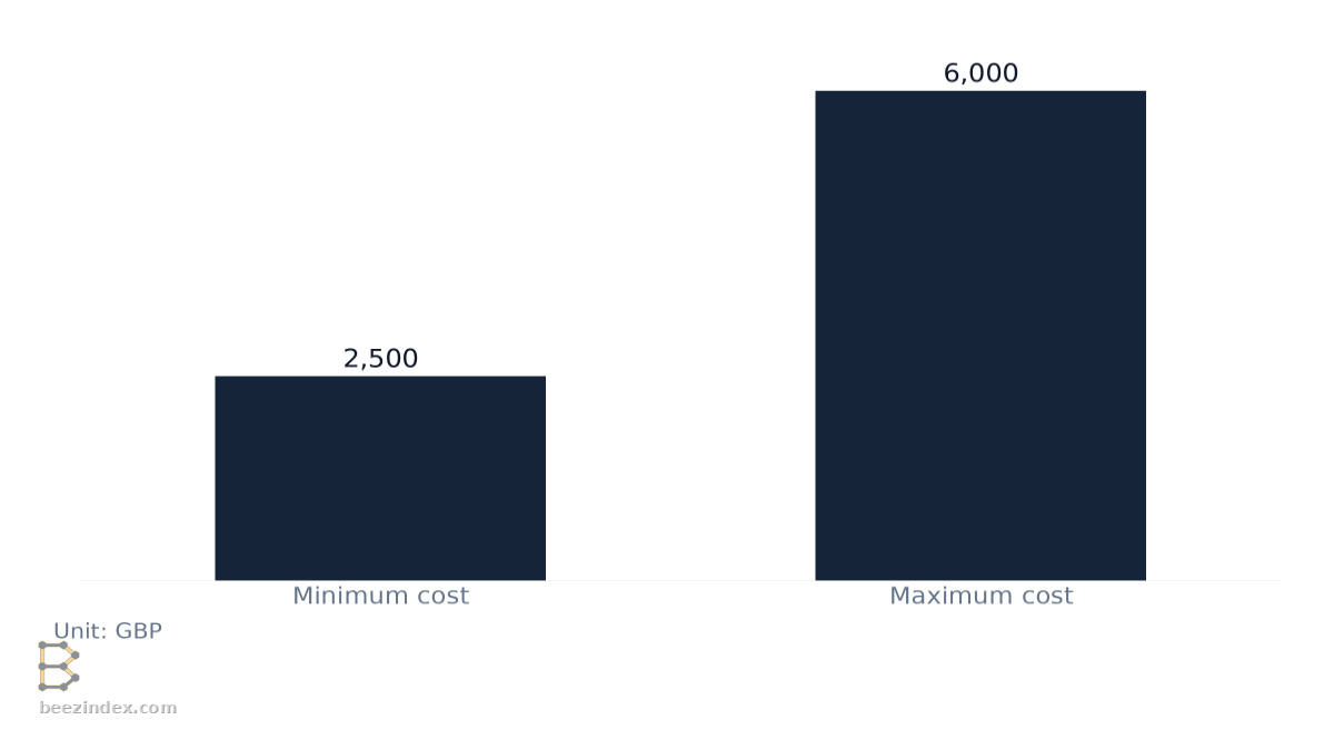 Bar chart comparing Typical Custom Automation Project Build Cost Range: Values: Minimum cost: 2,500; Maximum cost: 6,000.