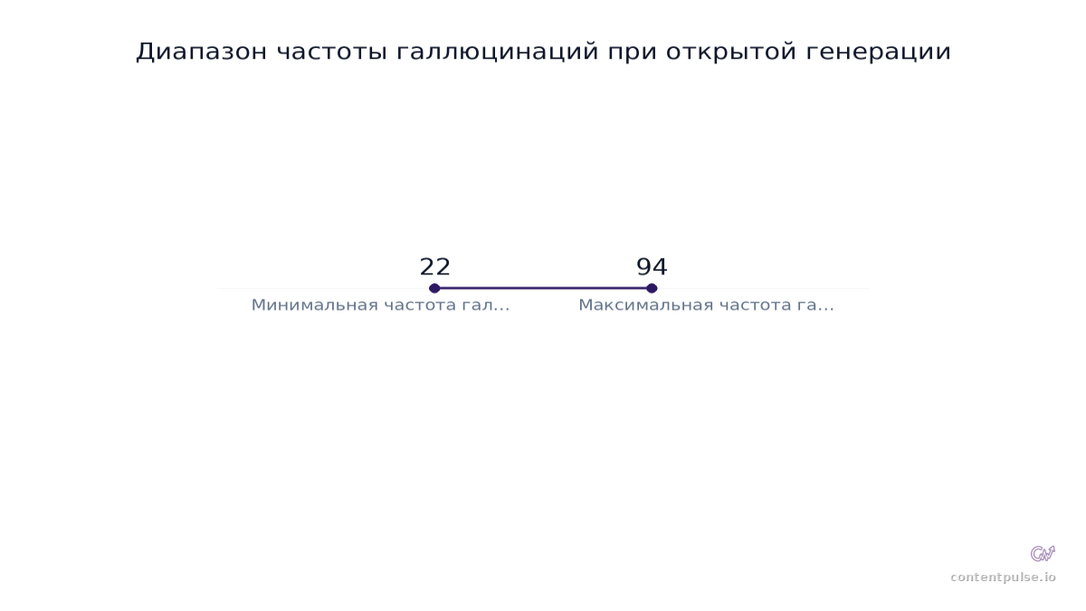Столбчатая диаграмма сравнивает Диапазон частоты галлюцинаций при открытой генерации: Значения: 22 to 94.
