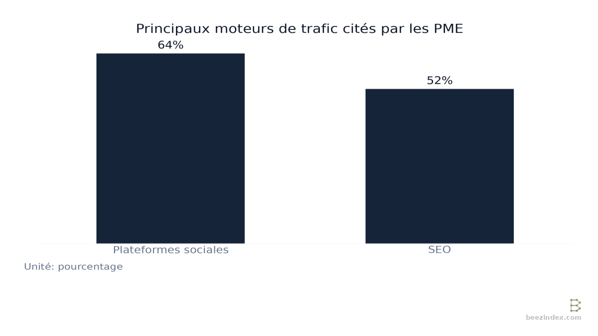Bar chart comparing Principaux moteurs de trafic cités par les PME: Values: Plateformes sociales: 64%; SEO: 52%.