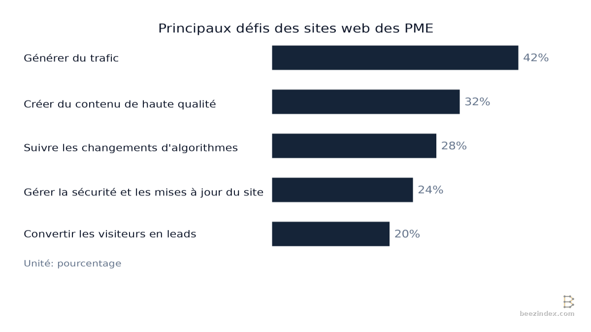 Horizontal bar chart comparing Principaux défis des sites web des PME: Values: Générer du trafic: 42%; Créer du contenu de haute qualité: 32%; Suivre les changements d'algorithmes: 28%; Gérer la sécurité et les mises à jour du site: 24%; Convertir…