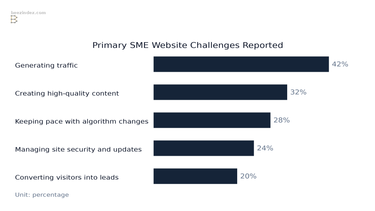 Horizontal bar chart comparing Primary SME Website Challenges Reported: Values: Generating traffic: 42%; Creating high-quality content: 32%; Keeping pace with algorithm changes: 28%; Managing site security and updates: 24%; Converting visitors int…